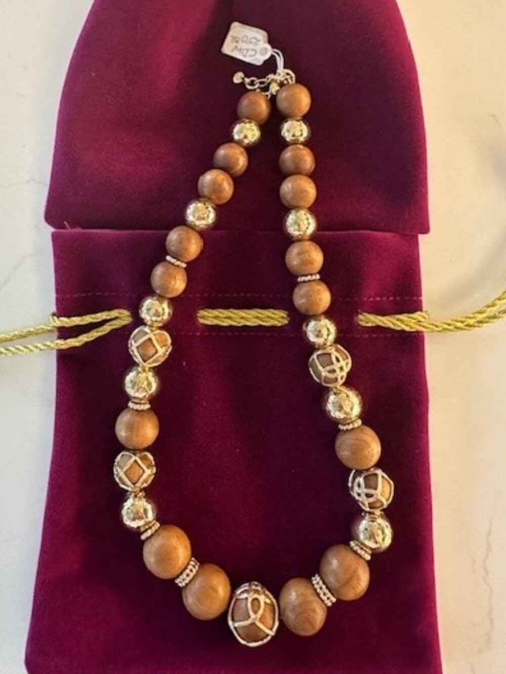 Capucine de Wulf Teak Wood Necklace w/Gold Plated Spacers and Fluted Balls